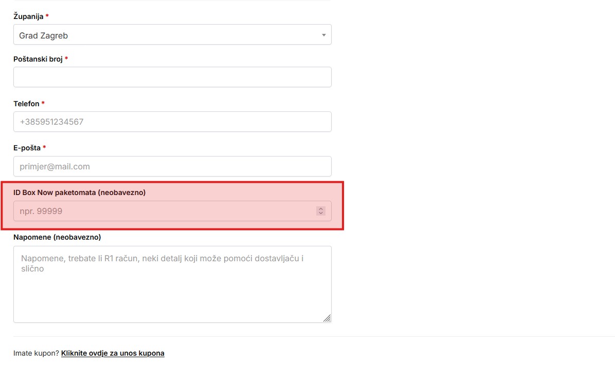 Gdje je potrebno unijeti ID Box Now paketomata
